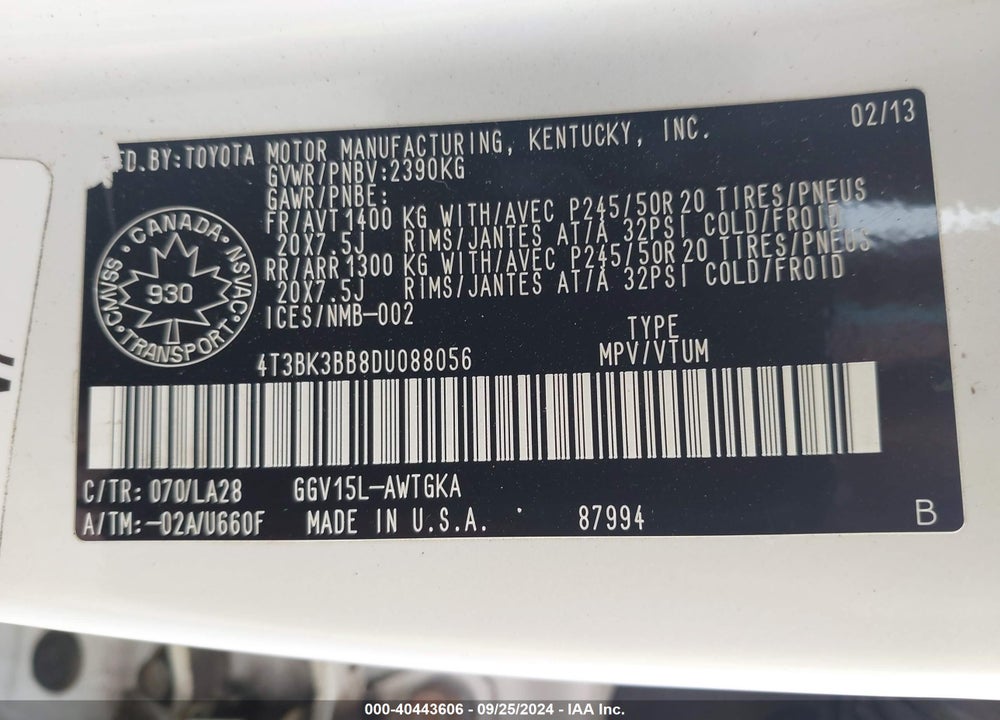 2013 TOYOTA VENZA BASE V6 VIN: 4T3BK3BB8DU088056