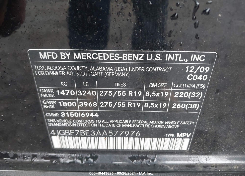 2010 MERCEDES-BENZ GL 450 4MATIC VIN: 4JGBF7BE3AA577976