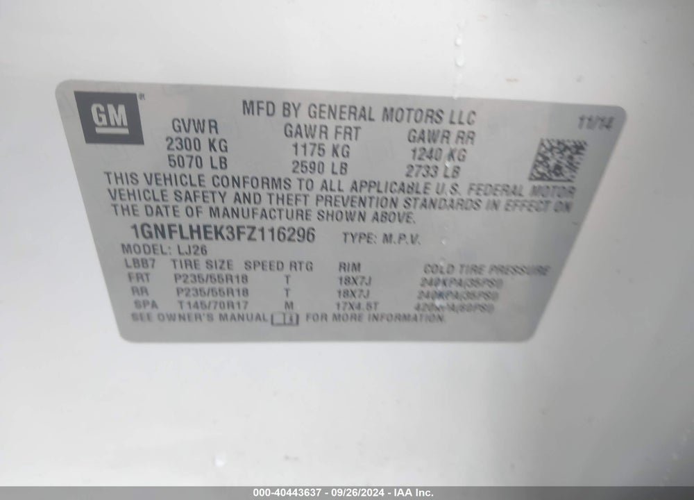 2015 CHEVROLET EQUINOX LTZ VIN: 1GNFLHEK3FZ116296