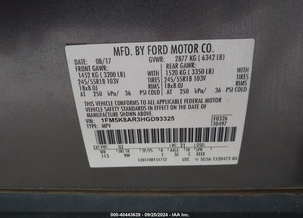 2017 FORD UTILITY POLICE INTERCEPTOR VIN: 1FM5K8AR3HGD93325