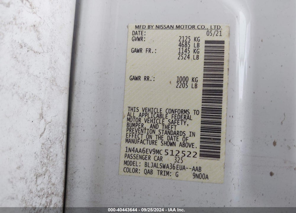 2021 NISSAN MAXIMA VIN: 1N4AA6EV9MC512522