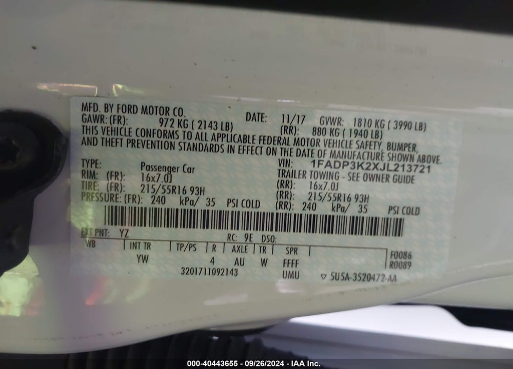 2018 FORD FOCUS SE VIN: 1FADP3K2XJL213721