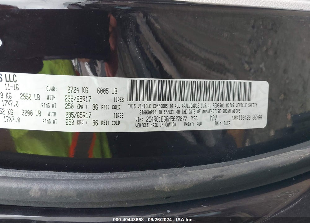 2017 CHRYSLER PACIFICA TOURING L PLUS VIN: 2C4RC1EG6HR627877