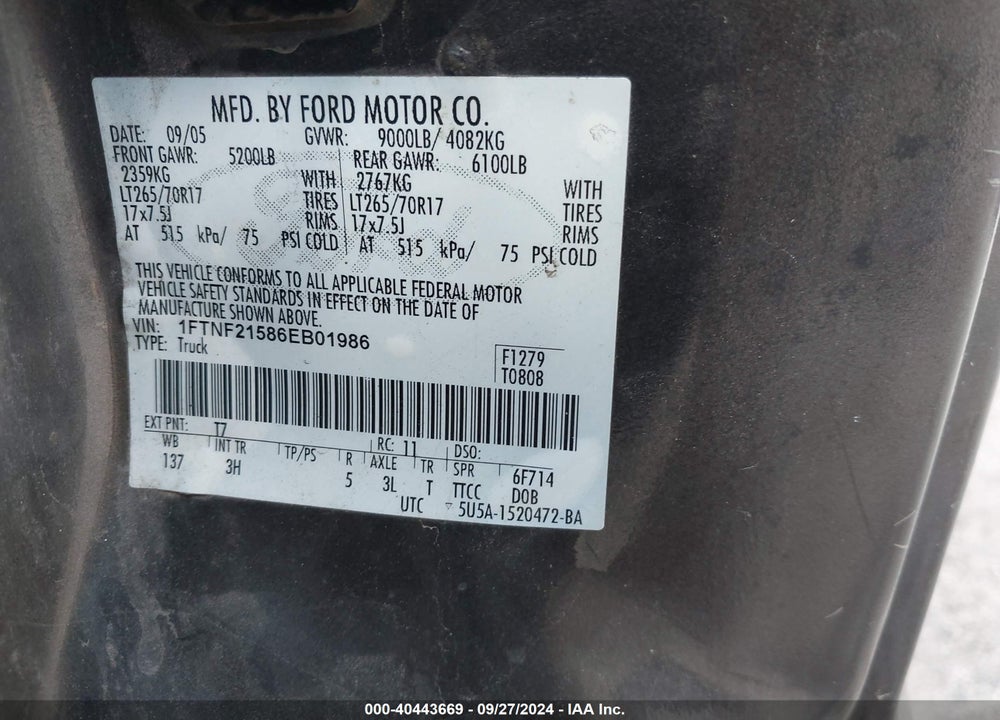 2006 FORD F-250 XL/XLT VIN: 1FTNF21586EB01986