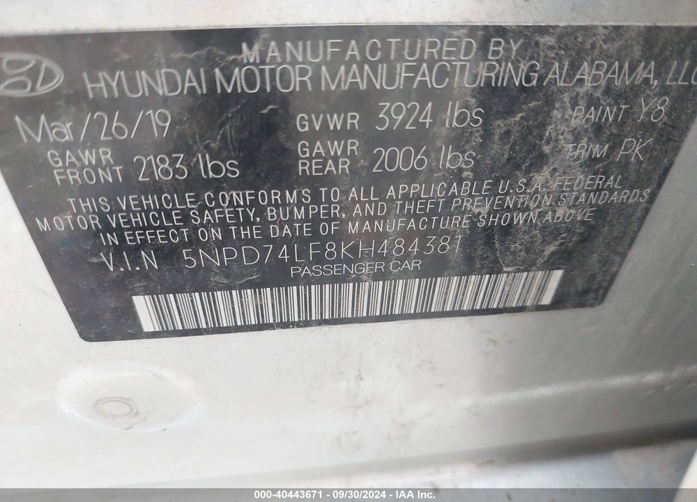 2019 HYUNDAI ELANTRA SE VIN: 5NPD74LF8KH484381