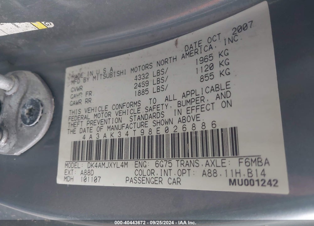 2008 MITSUBISHI ECLIPSE GT VIN: 4A3AK34T98E026886