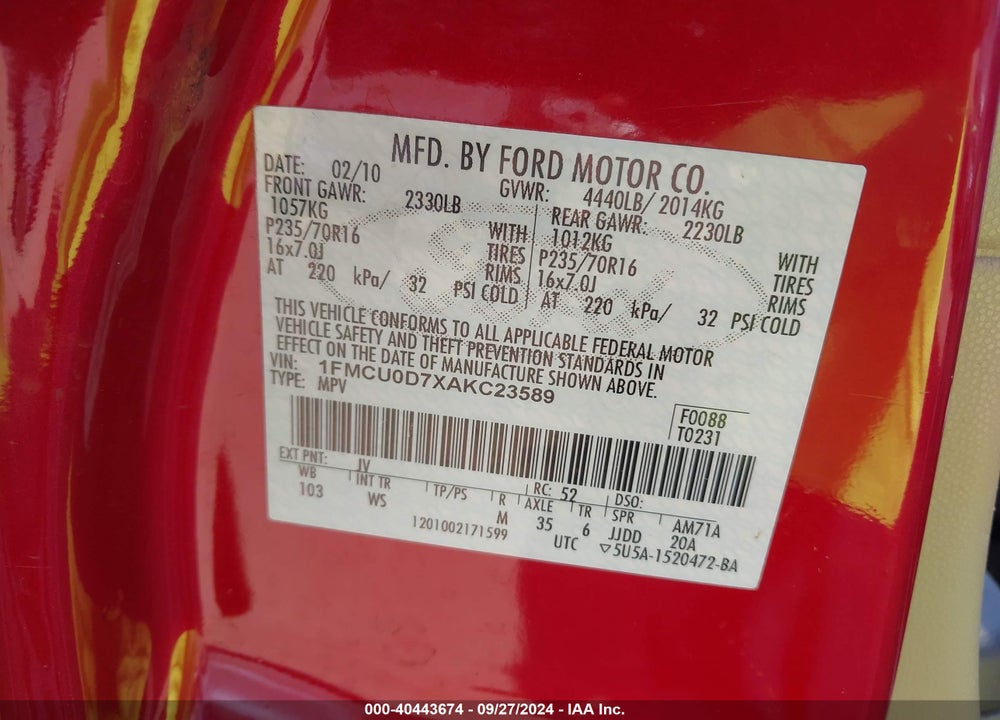 2010 FORD ESCAPE XLT VIN: 1FMCU0D7XAKC23589