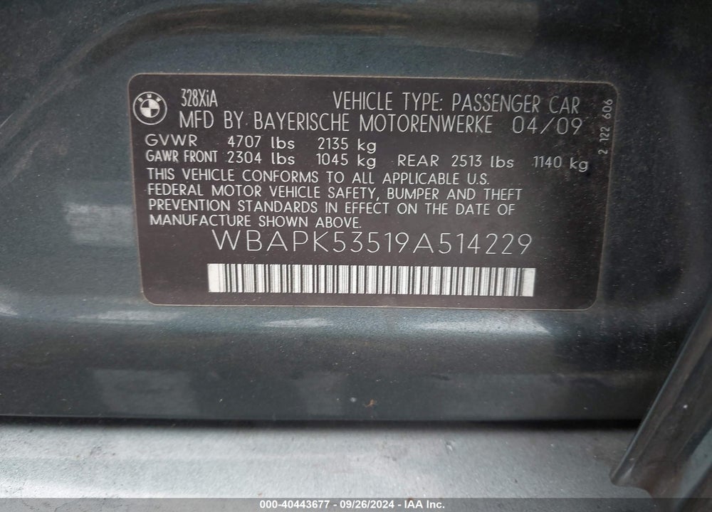 2009 BMW 328I XDRIVE VIN: WBAPK53519A514229