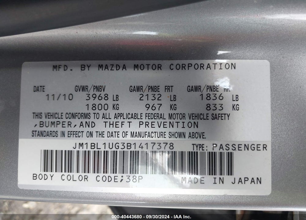 2011 MAZDA 3 I SPORT VIN: JM1BL1UG3B1417378