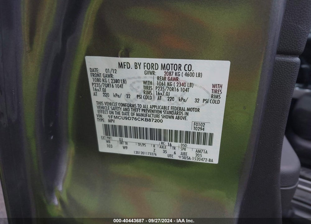 2012 FORD ESCAPE XLT VIN: 1FMCU9D76CKB87200