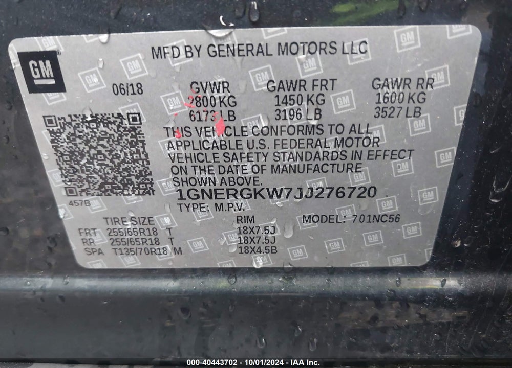 2018 CHEVROLET TRAVERSE 1LT VIN: 1GNERGKW7JJ276720