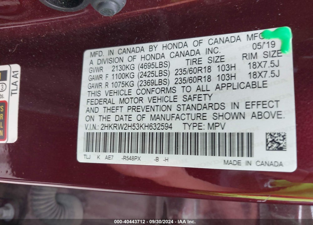 2019 HONDA CR-V EX VIN: 2HKRW2H53KH632594