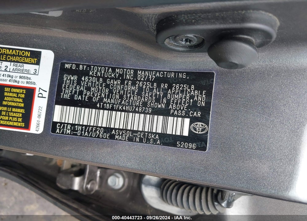 2017 TOYOTA CAMRY SE VIN: 4T1BF1FK4HU748739