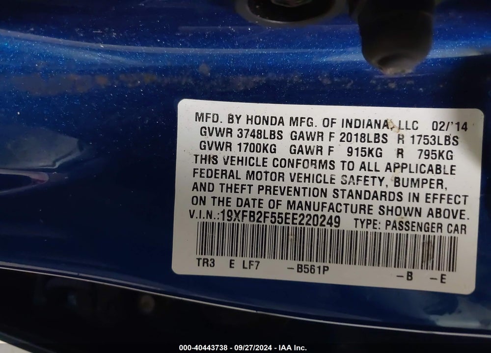 2014 HONDA CIVIC LX VIN: 19XFB2F55EE220249