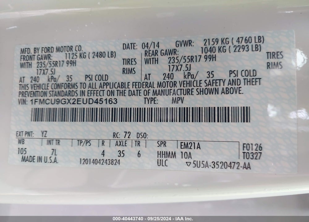 2014 FORD ESCAPE SE VIN: 1FMCU9GX2EUD45163