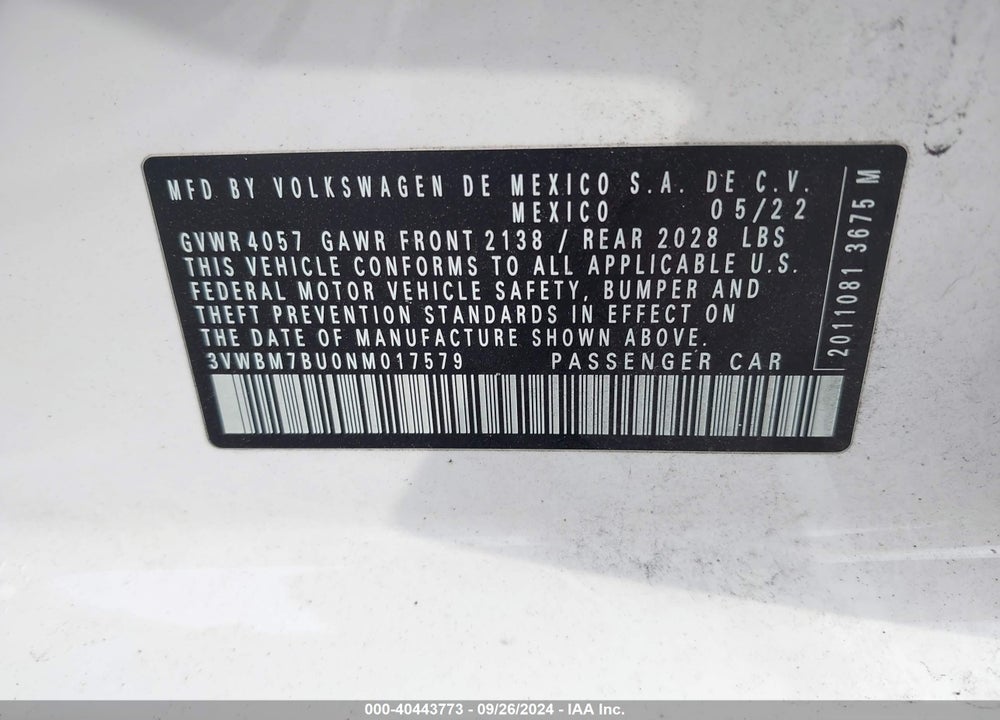 2022 VOLKSWAGEN JETTA 1.5T SPORT VIN: 3VWBM7BU0NM017579