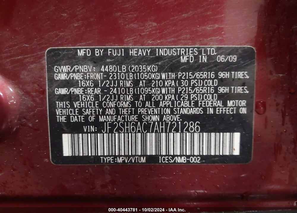2010 SUBARU FORESTER 2.5X VIN: JF2SH6AC7AH721286