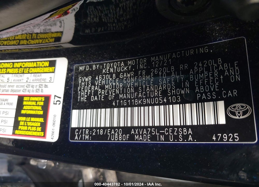 2022 TOYOTA CAMRY SE AWD VIN: 4T1G11BK9NU054103