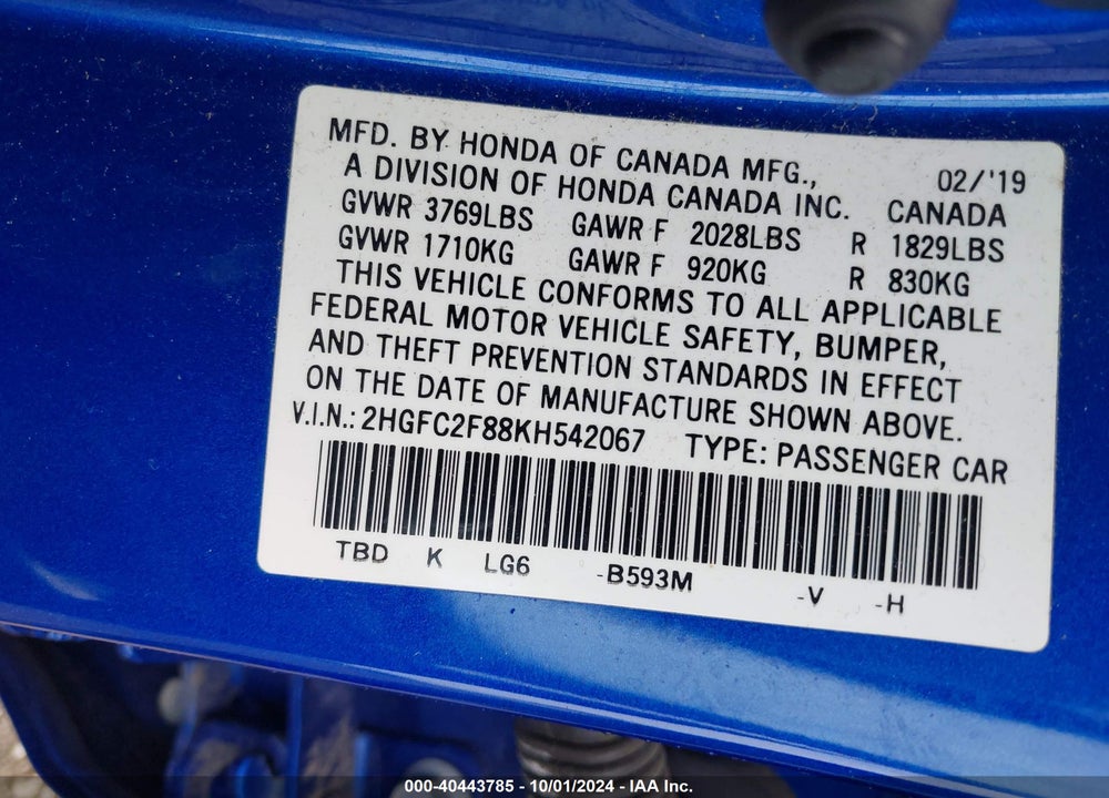 2019 HONDA CIVIC SPORT VIN: 2HGFC2F88KH542067