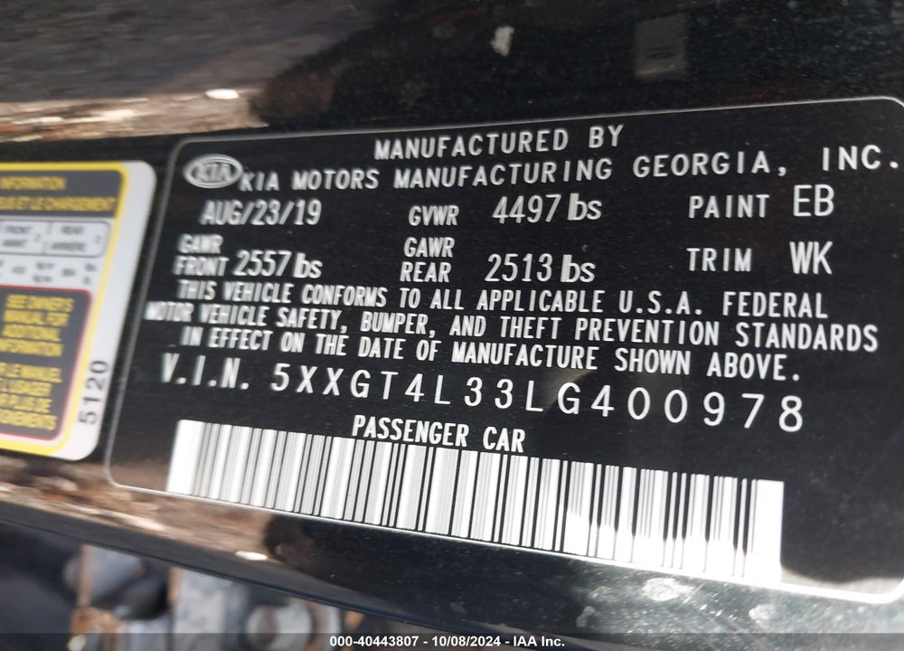 2020 KIA OPTIMA LX VIN: 5XXGT4L33LG400978