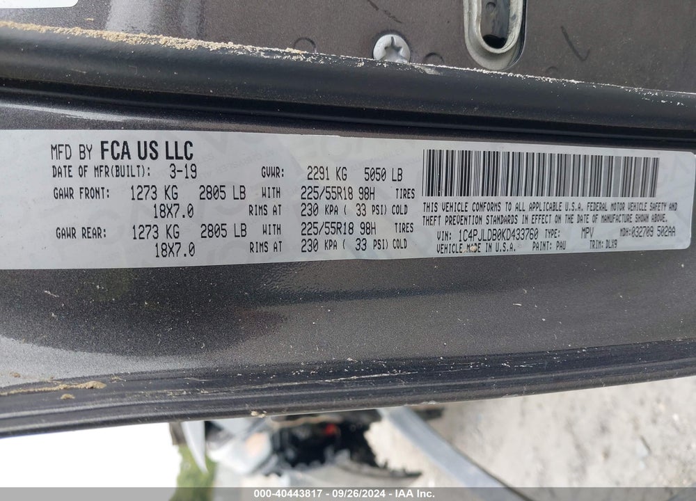 2019 JEEP CHEROKEE LIMITED FWD VIN: 1C4PJLDB0KD433760