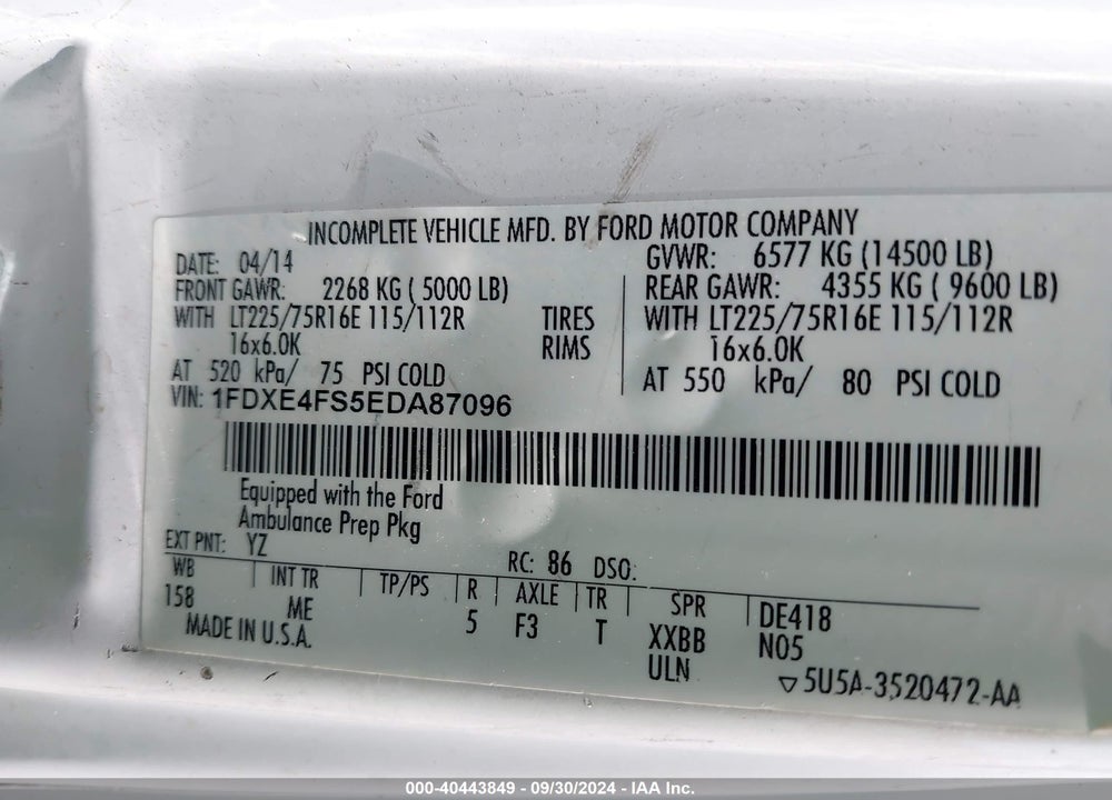 2014 FORD E-450 CUTAWAY VIN: 1FDXE4FS5EDA87096