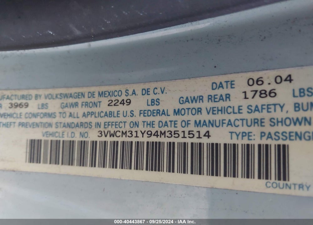 2004 VOLKSWAGEN NEW BEETLE GLS VIN: 3VWCM31Y94M351514