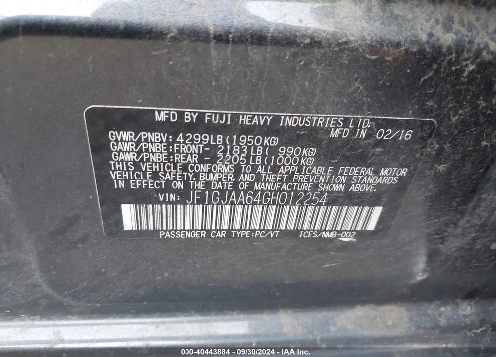 2016 SUBARU IMPREZA VIN: JF1GJAA64GH012254