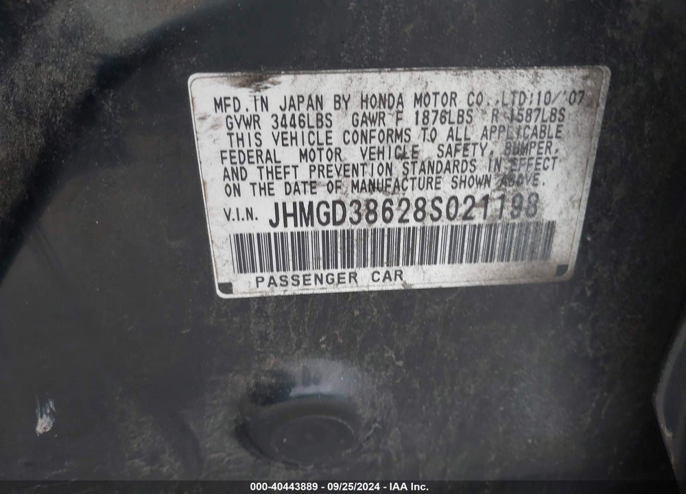 2008 HONDA FIT SPORT VIN: JHMGD38628S021198