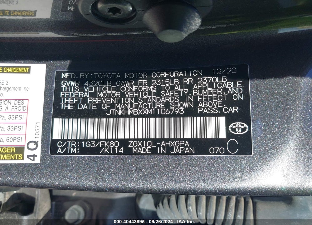 2021 TOYOTA C-HR XLE VIN: JTNKHMBXXM1106793