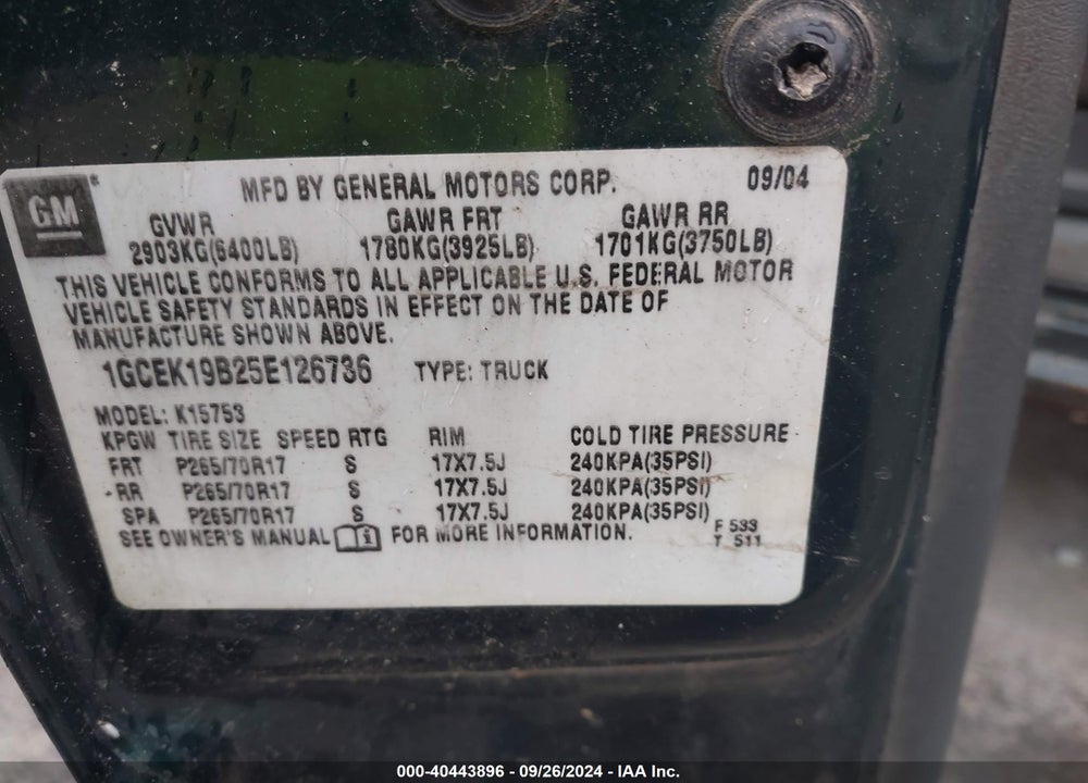 2005 CHEVROLET SILVERADO 1500 LS VIN: 1GCEK19B25E126736