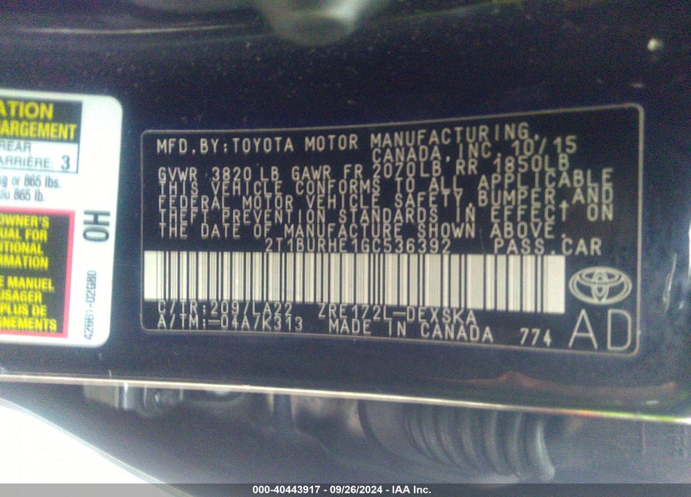 2016 TOYOTA COROLLA S PREMIUM VIN: 2T1BURHE1GC536392