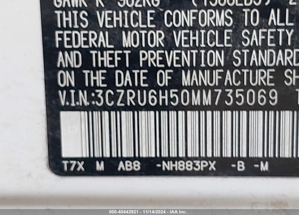 2021 HONDA HR-V VIN: 3CZRU6H50MM735069