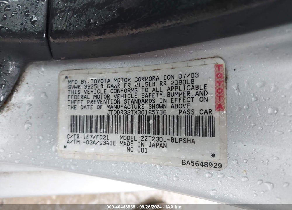 2003 TOYOTA CELICA GT VIN: JTDDR32TX30165736