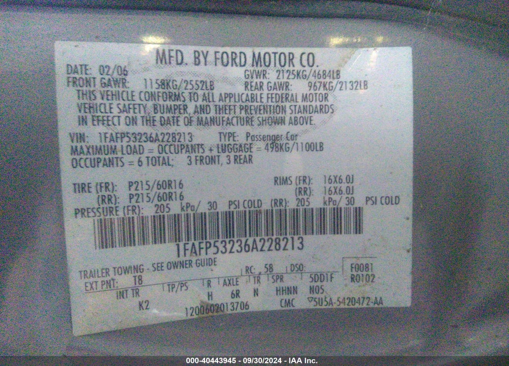 2006 FORD TAURUS SE VIN: 1FAFP53236A228213
