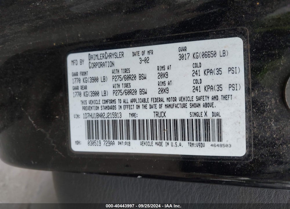 2002 DODGE RAM 1500 ST VIN: 1D7HU18N02J215913