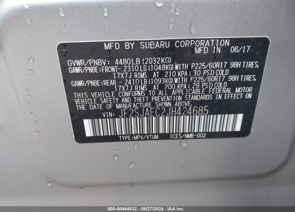 2018 SUBARU FORESTER 2.5I PREMIUM VIN: JF2SJAEC2JH424685
