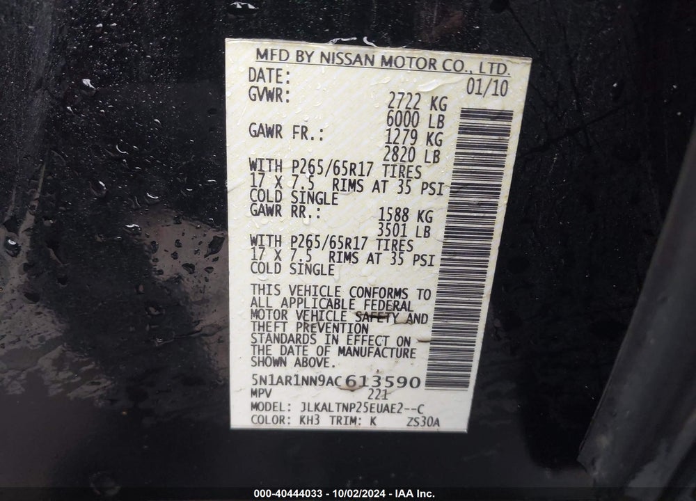 2010 NISSAN PATHFINDER SE VIN: 5N1AR1NN9AC613590