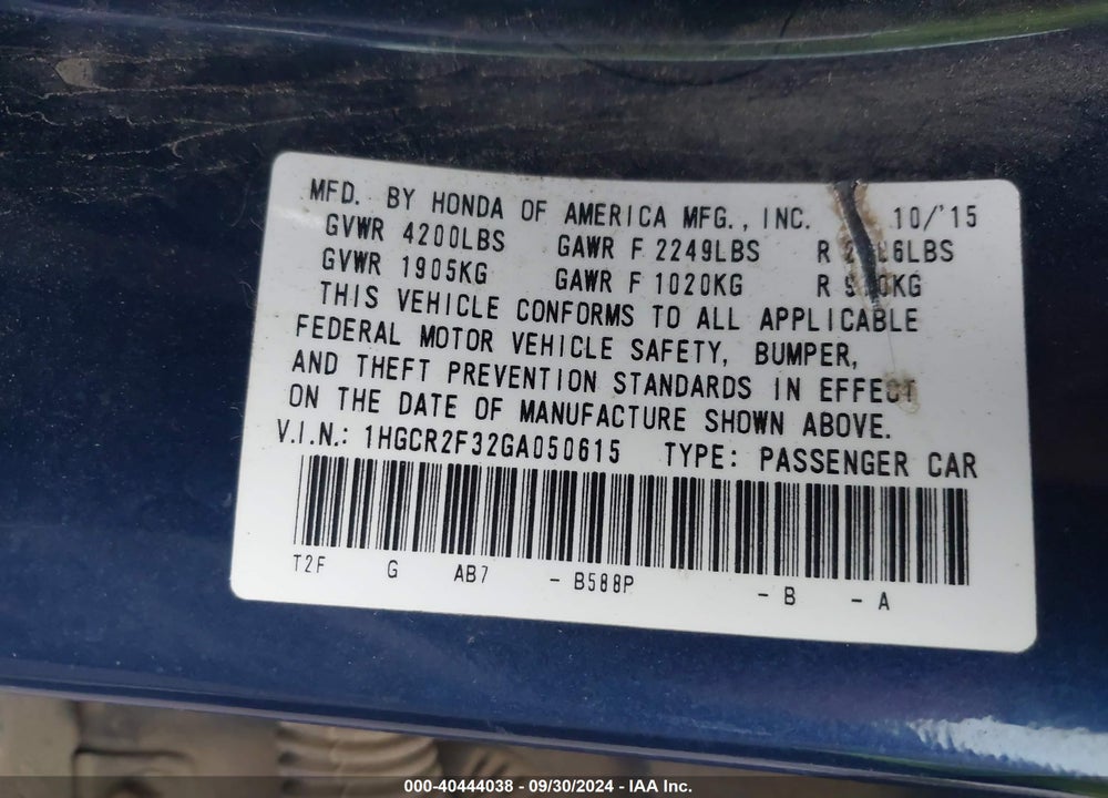 2016 HONDA ACCORD LX VIN: 1HGCR2F32GA050615