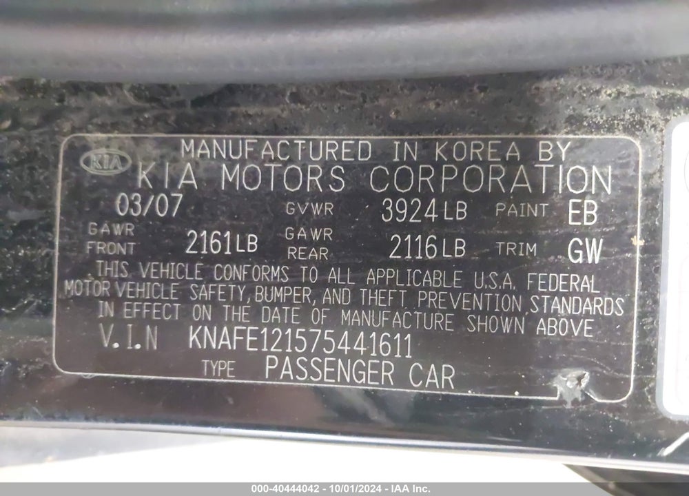 2007 KIA SPECTRA EX VIN: KNAFE121575441611