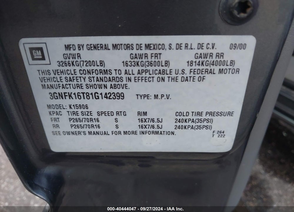 2001 CHEVROLET SUBURBAN 1500 LT VIN: 3GNFK16T81G142399