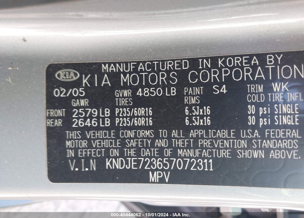 2005 KIA SPORTAGE EX V6/LX V6 VIN: KNDJE723657072311