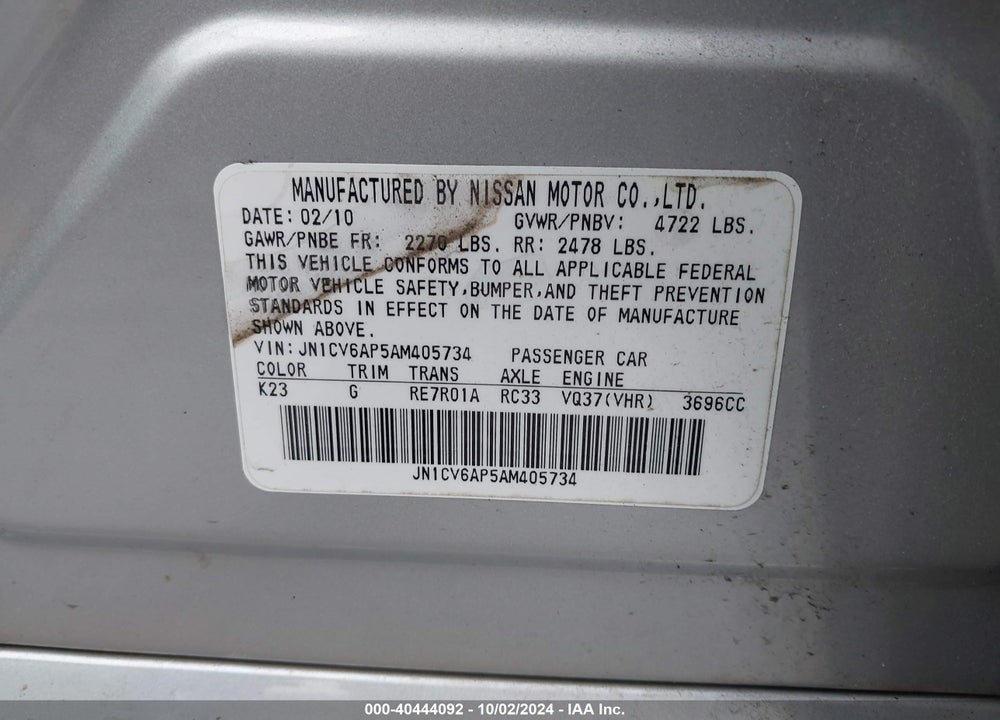 2010 INFINITI G37 VIN: JN1CV6AP5AM405734