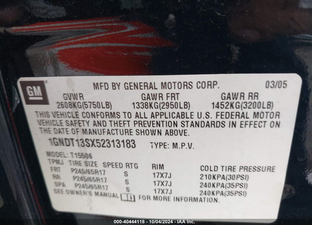 2005 CHEVROLET TRAILBLAZER LS VIN: 1GNDT13SX52313183