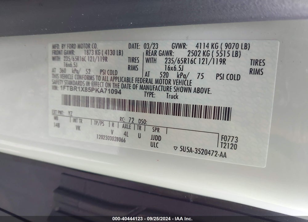 2023 FORD TRANSIT-250 VIN: 1FTBR1X85PKA71094