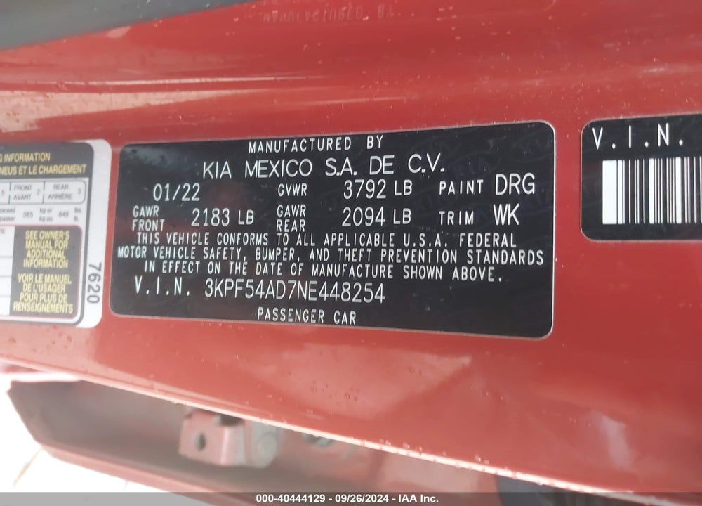 2022 KIA FORTE GT LINE VIN: 3KPF54AD7NE448254