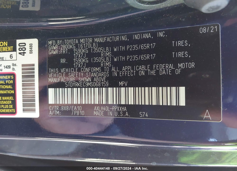 2021 TOYOTA SIENNA XLE VIN: 5TDYRKEC9MS068159