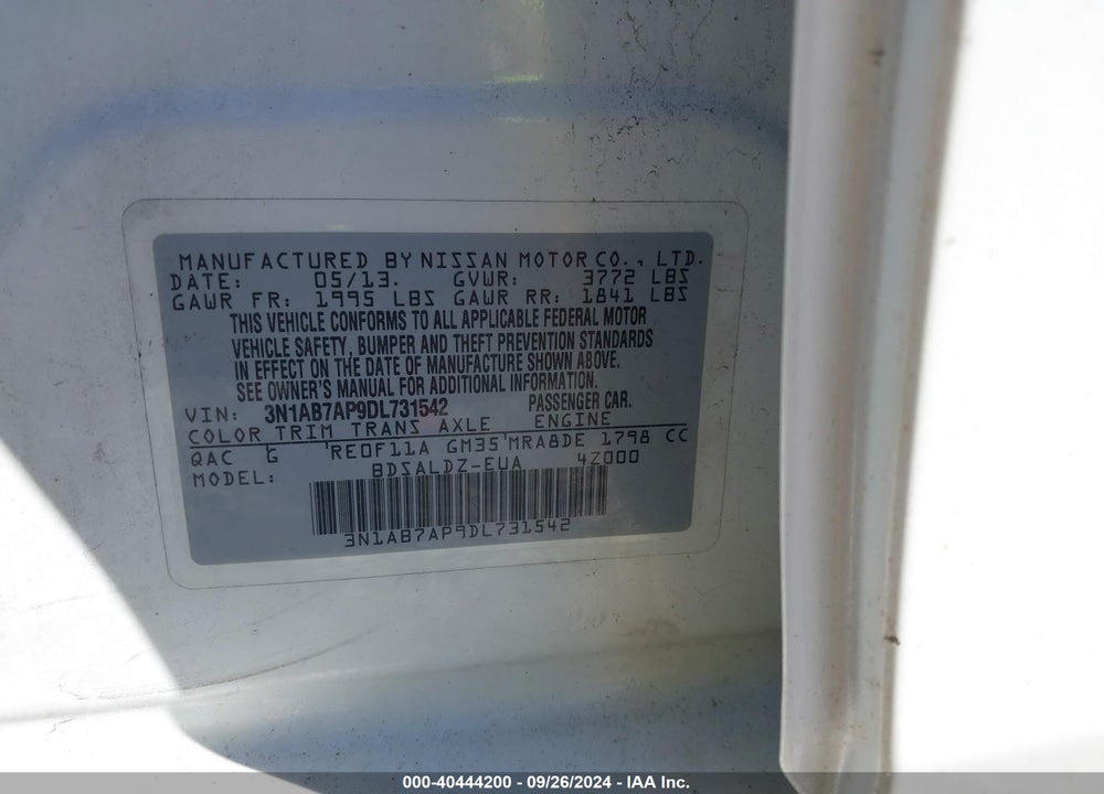 2013 NISSAN SENTRA SV VIN: 3N1AB7AP9DL731542