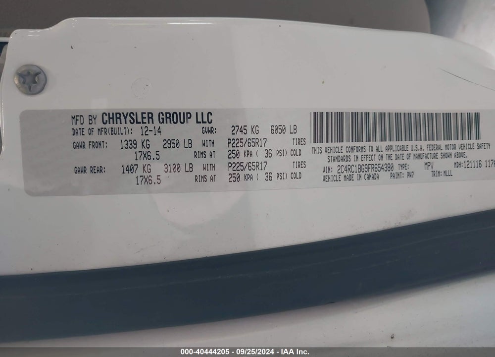 2015 CHRYSLER TOWN & COUNTRY TOURING VIN: 2C4RC1BG9FR654380