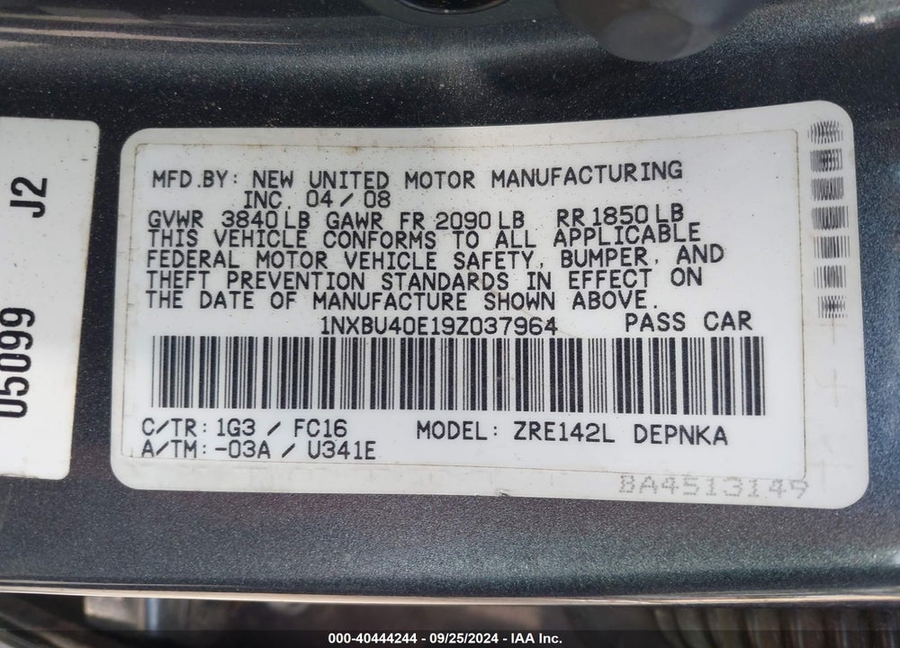 2009 TOYOTA COROLLA XLE VIN: 1NXBU40E19Z037964